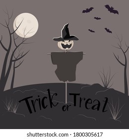 Holiday Halloween Spooky background with  full moon, straw man and bats.