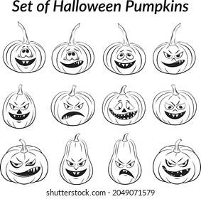 Holiday Halloween Symbols, Cartoons Pumpkins Jack O Lantern Set, Black Contours. Vector