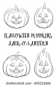 Holiday Halloween Symbols, Cartoons Pumpkins Jack O Lantern Set, Black Contours Isolated on White Background. Vector