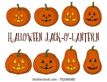 Holiday Halloween Symbols, Cartoons Pumpkins Jack O Lantern Set Isolated on White Background. Vector