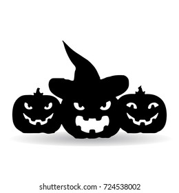Holiday Halloween, three dark pumpkins, silhouette on white background.vector