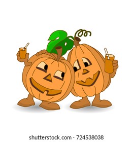 Holiday Halloween, two cheerful pumpkins rest and drink juice, cartoon on a white background.vector