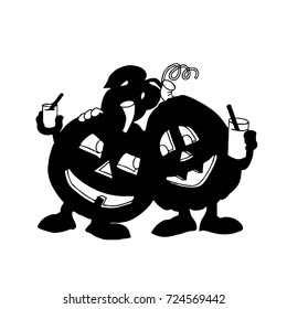 Holiday Halloween, two dark pumpkins drink juice, silhouette on a white background.vector
