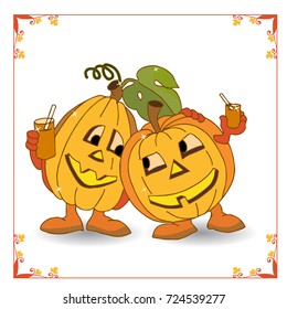 Holiday Halloween, two merry pumpkins rest and drink juice (in a frame), a cartoon on a white background.vector