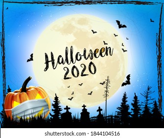 Holiday  Hallowen Spooky background with pumpkin wearing medical face mask. Halloween facial mask as a symbol for disease control coronavirus or covid-19. Vector.