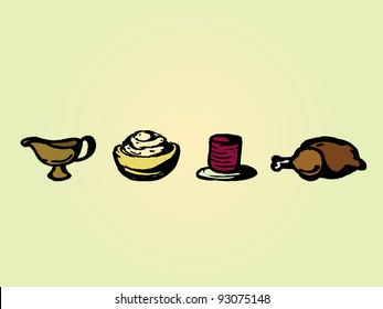 Holiday Hand Drawn Icons. Set of four Holiday Hand Drawn Icons. Gravy Boat, Bowl of Mashed Potatoes, Canned Cranberry on Plate and Turkey.