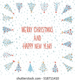 Holiday hand drawn sketch Christmas and New Year greeting card. Vector illustration