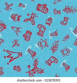 Holiday hand drawn sketch Christmas and New Year seamless background, Template vector illustration