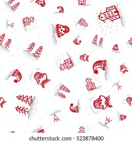 Holiday hand drawn sketch Christmas and New Year seamless background, Template vector illustration