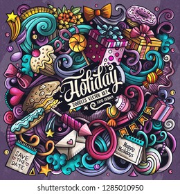 Holiday hand drawn vector doodles illustration. Birthday poster design. Party elements and objects cartoon background. Bright colors funny picture. All items are separated