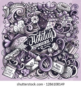 Holiday hand drawn vector doodles illustration. Birthday poster design. Party elements and objects cartoon background. Monochrome funny picture. All items are separated