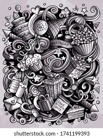 Holiday hand drawn vector doodles illustration. Birthday poster design. Party elements and objects cartoon background. Monochrome funny picture. All items are separated