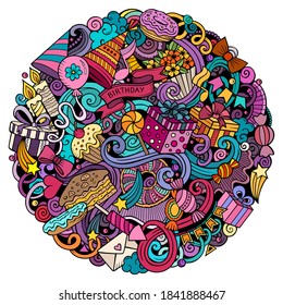 Holiday handgezeichnet Vektordoodles Illustration. Geburtstags-Poster-Design. Party Elemente und Objekte Cartoon Hintergrund. Helle Farben lustiges Bild. Alle Artikel sind getrennt