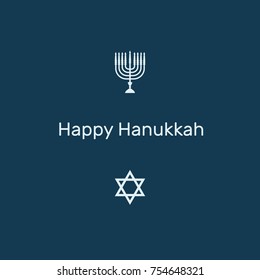 Holiday Hanukkah banner vector flat illustration, Hanukkah and candle, six-pointed star david, text, dark blue, white