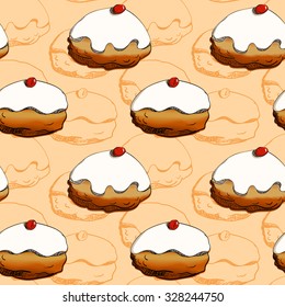 Holiday Hanukkah vector background. Seamless pattern with various donuts for jewish holiday Hanukkah. Hand drawn vector illustration 