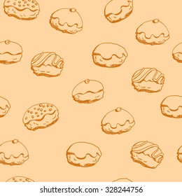 Holiday Hanukkah vector background. Seamless pattern with various donuts for jewish holiday Hanukkah. Hand drawn vector illustration 