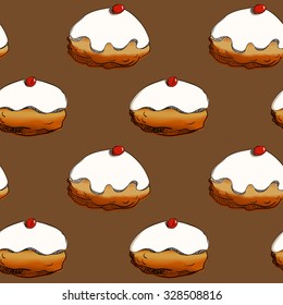 Holiday Hanukkah vector background. Seamless pattern with various donuts for jewish holiday Hanukkah. Hand drawn vector illustration 