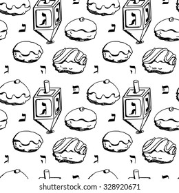 Holiday Hanukkah vector background. Seamless pattern with dreidel and various donuts for jewish holiday Hanukkah. Hand drawn vector illustration 