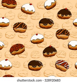 Holiday Hanukkah vector background. Seamless pattern with various donuts for jewish holiday Hanukkah. Hand drawn vector illustration 