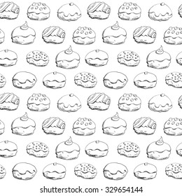 Holiday Hanukkah vector background. Seamless pattern with various donuts for jewish holiday Hanukkah. Hand drawn vector illustration 