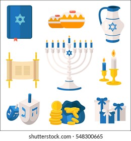 Holiday of Hanukkah vector elements collection. Jewish symbols for celebration of Chanukah or Festival of Lights. Feast of Dedication icons and festivity items, including menorah candelabrum, dreidel.