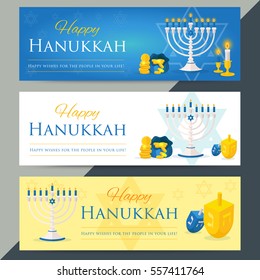 Holiday of Hanukkah web banner collection. Jewish symbols for celebration of Chanukah Festival of Lights. Feast of Dedication icon background. Vector illustration for social media website ad.