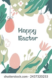 Holiday Happy Easter card. Trendy Easter hand-drawn design. Flowers, shapes, eggs in pastel colors. Modern minimal style. Original art doodles