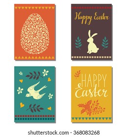 Holiday Happy Easter cards design set, calligraphic text, lettering. Hand drawn egg, bird, rabbit, flowers, branches isolated