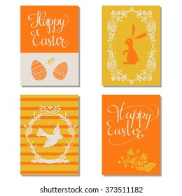 Holiday Happy Easter cards design set, calligraphic text, lettering. Hand drawn egg, bird, rabbit, flowers isolated