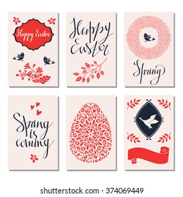 Holiday Happy Easter cards design set, calligraphic text, lettering