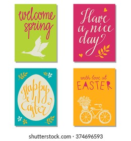 Holiday Happy Easter cards design set, calligraphic text, lettering