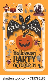 Holiday Happy Halloween flyer template with funny cartoon smiling bat with spread wings and Trick or Treat lettering carrying carved Halloween pumpkin against orange background