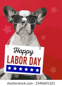 Holiday, Happy Labor Day for Pet Shop, French Bulldog, Phrase Board, Red Background, Colors, Ry ban Glasses, Stars, Blue