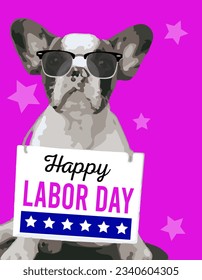 Holiday, Happy Labor Day for Pet Shop, background pink, French Bulldog, Phrase Board, Red Background, Colors, Ryban Glasses, Stars, Blue