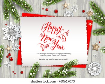 Holiday Happy new year card with fir tree and festive decorations stars, snowflakes on wood background. Festive template for banner, ticket, leaflet, card, invitation, poster and so on