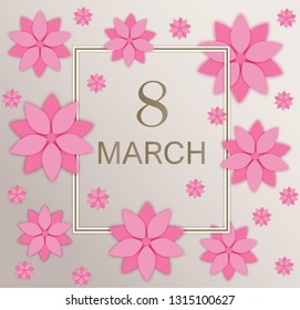 Holiday happy women`s day greeting postcard, greeting 8 march card with pink paper cutted flowers