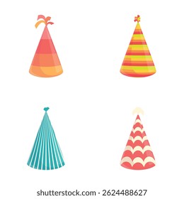 Holiday hat icons set cartoon vector. Holiday celebration paper cone. Festive accessory