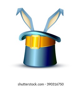 Holiday hat with rabbit ears. Nice easter bunny is hiding inside magic hat.