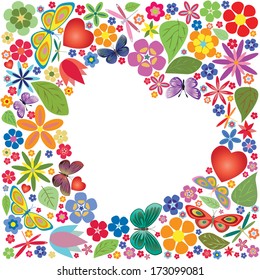 Holiday heart with flowers and butterflies. Vector illustration