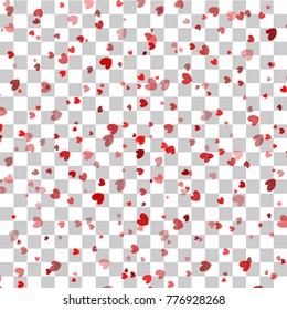 Holiday heart shape Valentines Day card. Confetti vector illustration shimmer. Transparent background wedding romantic template. Abstract glitter defocused design red color. Magic bright shine glow.