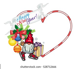 Holiday heart-shaped frame with decorations and funny gnome. Copy space. Christmas background. Vector clip art.