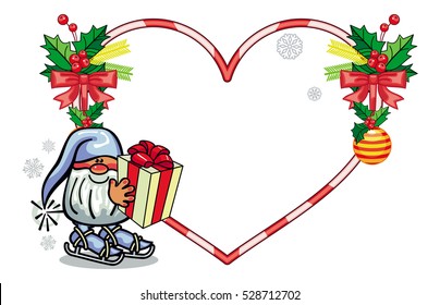 Holiday heart-shaped frame with decorations and funny gnome. Copy space. Christmas background. Vector clip art.
