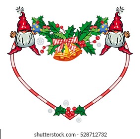 Holiday heart-shaped frame with decorations and funny gnome. Copy space. Christmas background. Vector clip art.