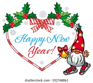 Holiday heart-shaped label with Christmas decorations, funny gnome and greeting text "Happy New Year!". Vector clip art.