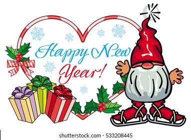 Holiday heart-shaped label with Christmas decorations, funny gnome and greeting text "Happy New Year!". Vector clip art.