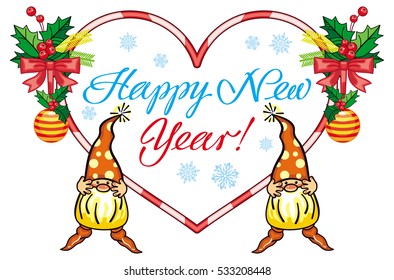 Holiday heart-shaped label with Christmas decorations, funny gnome and greeting text "Happy New Year!". Vector clip art.