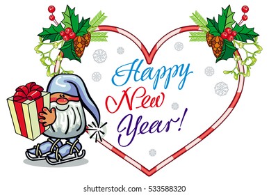 Holiday heart-shaped label with Christmas decorations, funny gnome and greeting text "Happy New Year!". Vector clip art.