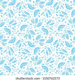 Holiday Holly Berry Winter Bird folk art seamless vector pattern. Holly berry, bird, star and snow flake in blue tones. All over print. Perfect for christmas season and winter holiday.