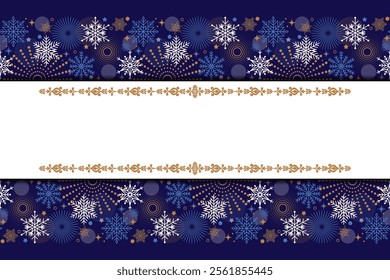 Holiday horizontal banner template with seamless border of snowflakes and copy space. Elegant Christmas ornament with snowflakes, stars and fireworks. Winter design for greeting cards and invitations