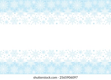 Holiday horizontal banner template with seamless border of snowflakes and copy space. Christmas ornament with blue snowflakes and stars. Winter design. Vector illustration